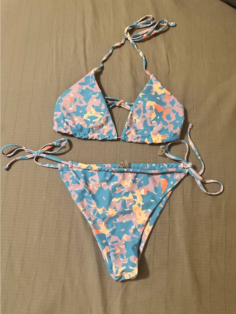 Pastel Blue Abstract Print String Bikini Top & Bottom Set